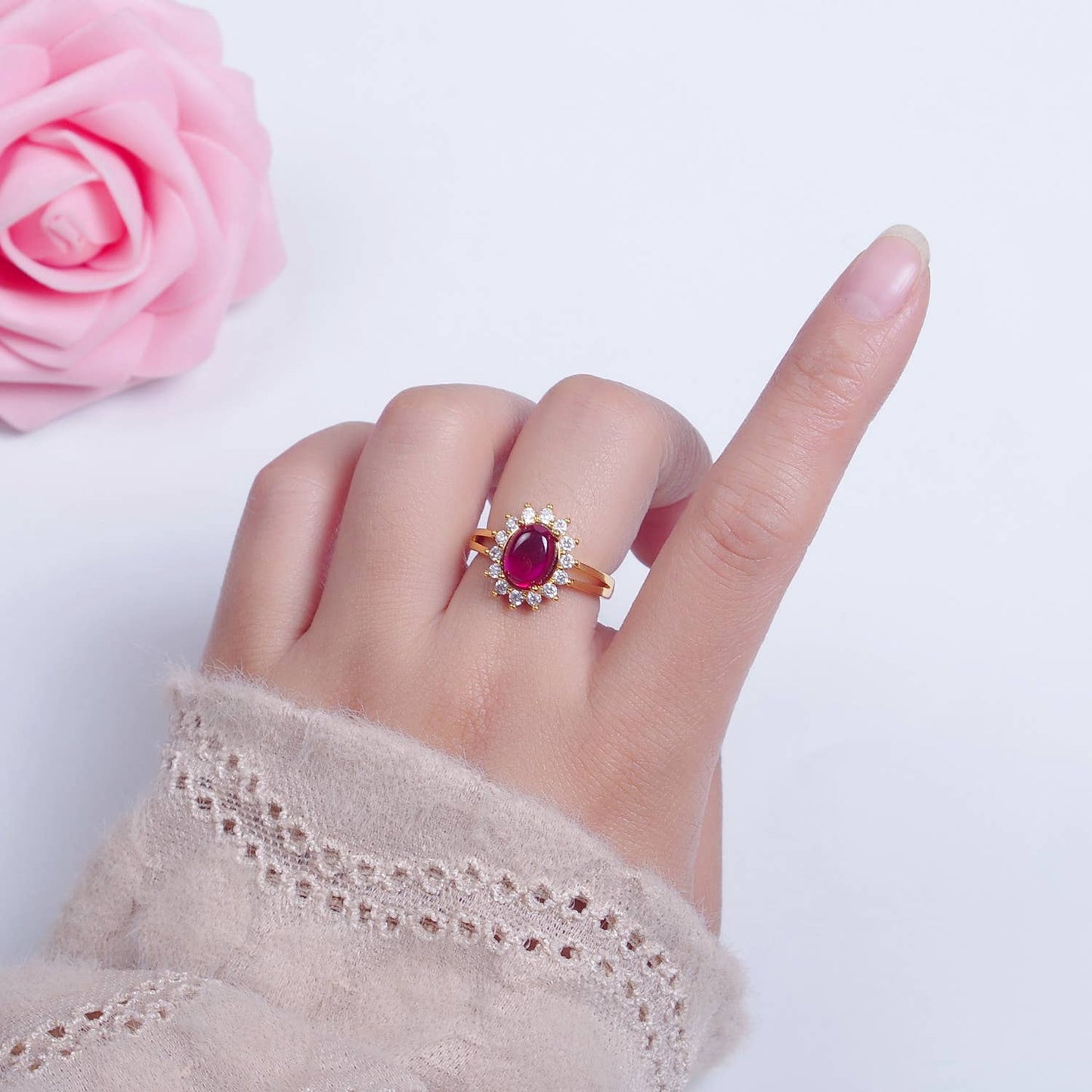 Celestial Sun Ring with Oval Fuchsia Jade Stone O769