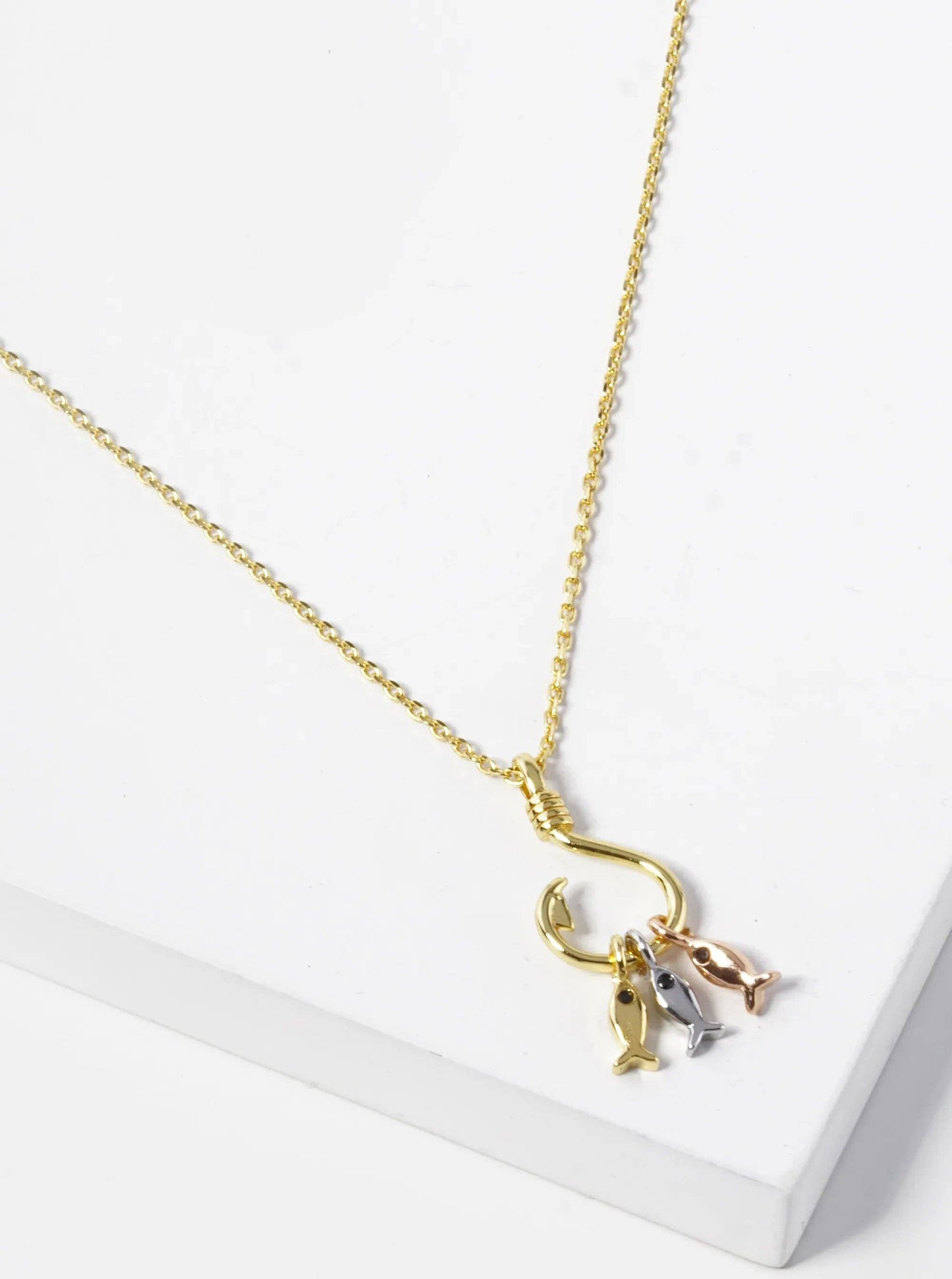 18K Gold Dipped Three Fish With A Hook Pendant Necklace: Rhodium