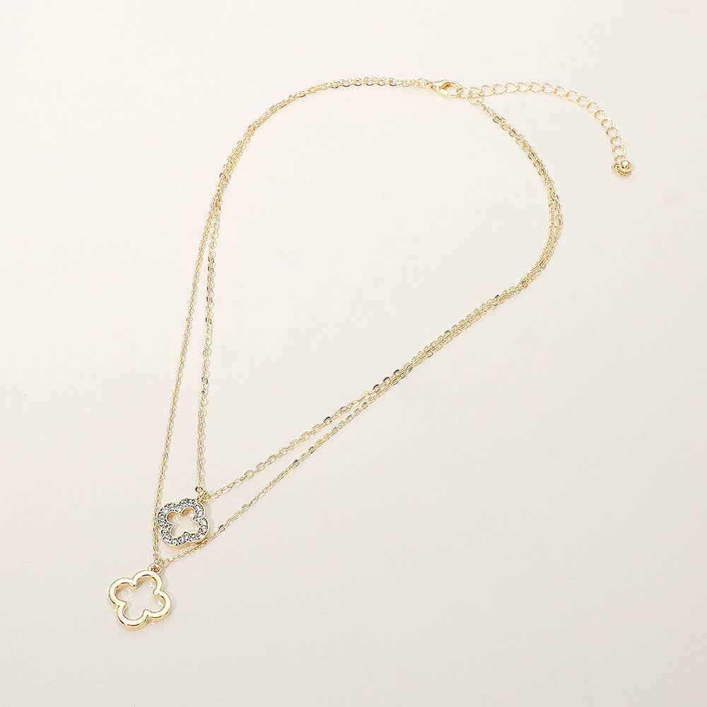 Gold Dipped Double Quatrefoil Pendant Layered Necklace: Clear,Gold