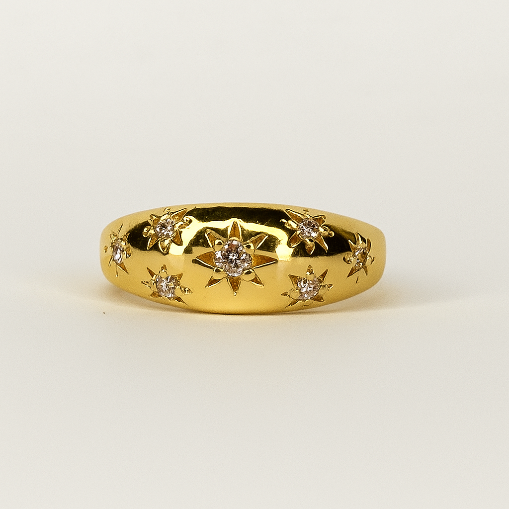 North Star Dome Ring – Gold Polished Band with Crystal Stars