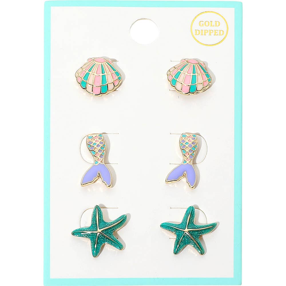 3Pairs - Gold Dipped Shell Mermaid Starfish Stud Earring Set