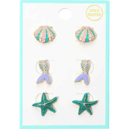 3Pairs - Gold Dipped Shell Mermaid Starfish Stud Earring Set