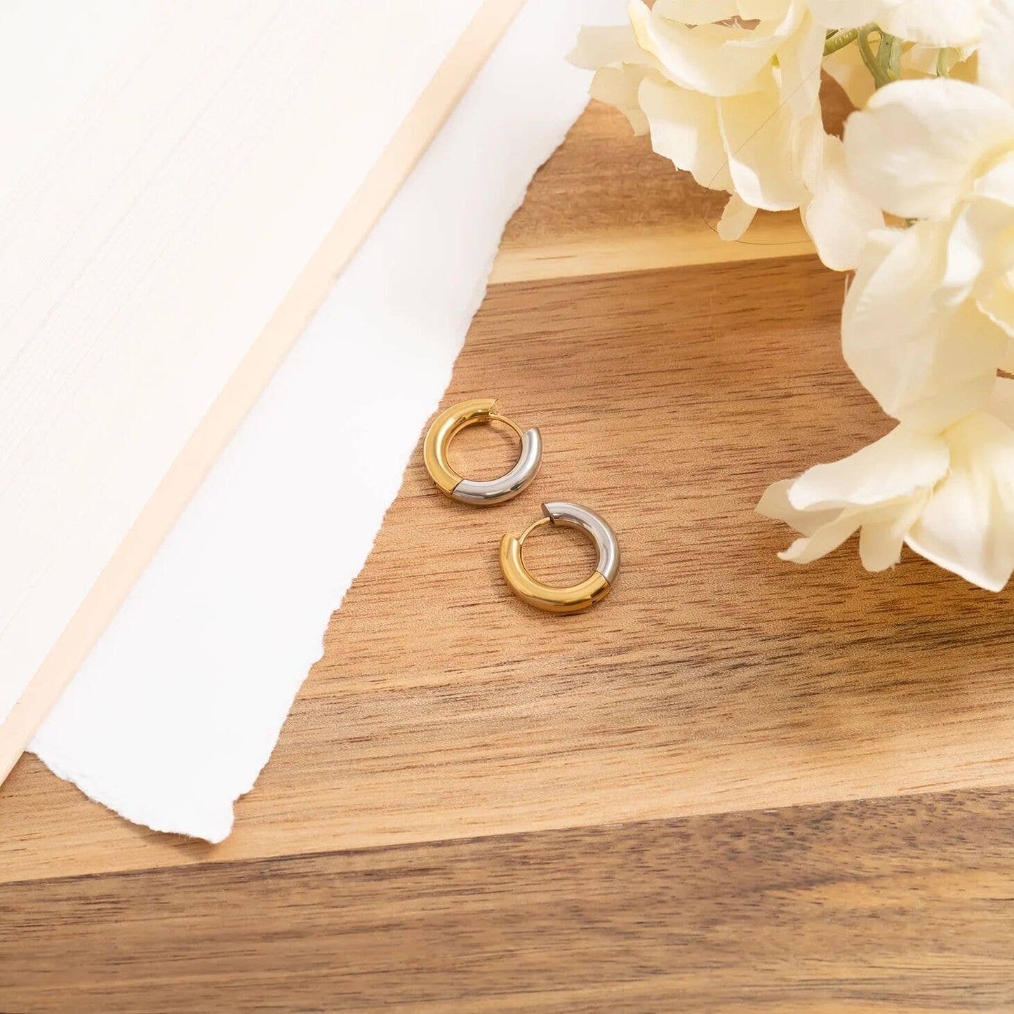 18K Gold Stainless Steel Mixed Metal Round Huggie Earrings: Mixed Metal