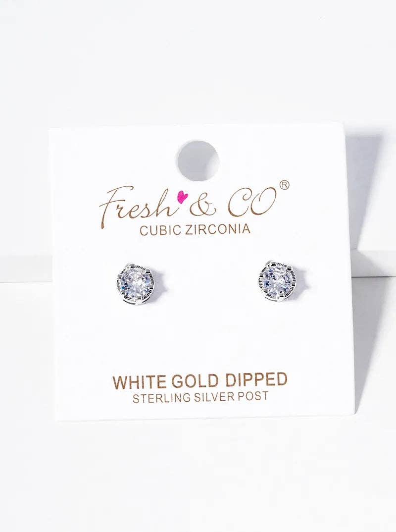 White Gold Dipped 6-Prong CZ Post Stud Earrings: Gold