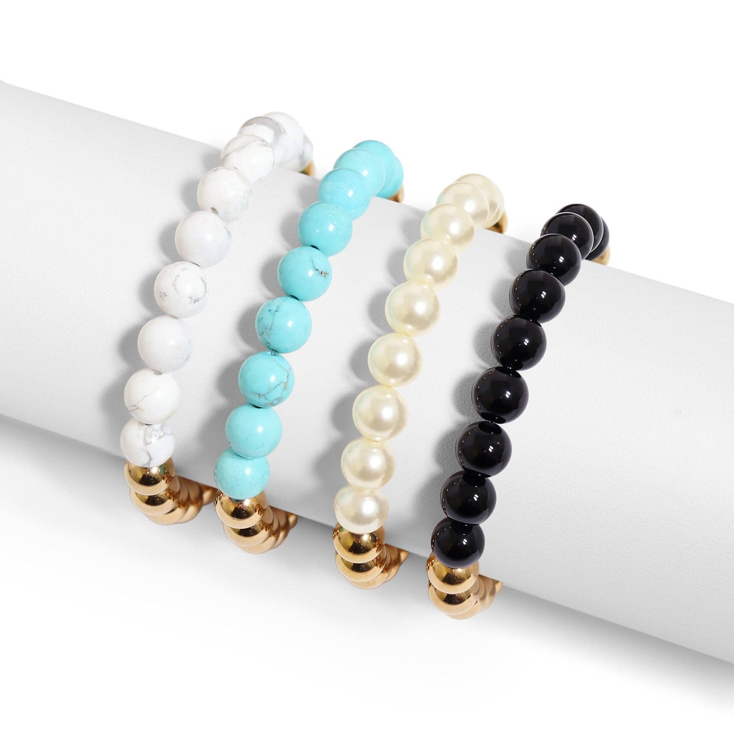 18K Gold PVD Stainless Steel Semi Precious Beaded Stretch Bracelets / SBB0355: Gold / Turquoise