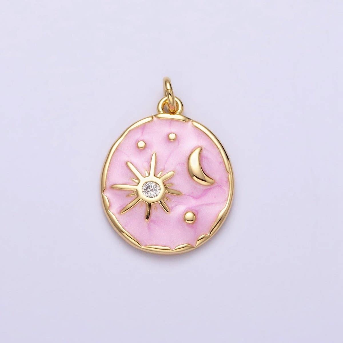 16K Gold Filled Celestial Sun Star Crescent Moon White, Blue, Pink Sparkly Enamel Round Stamped Charm in Gold & Silver | AC1356 - AC1361: Gold / Pink