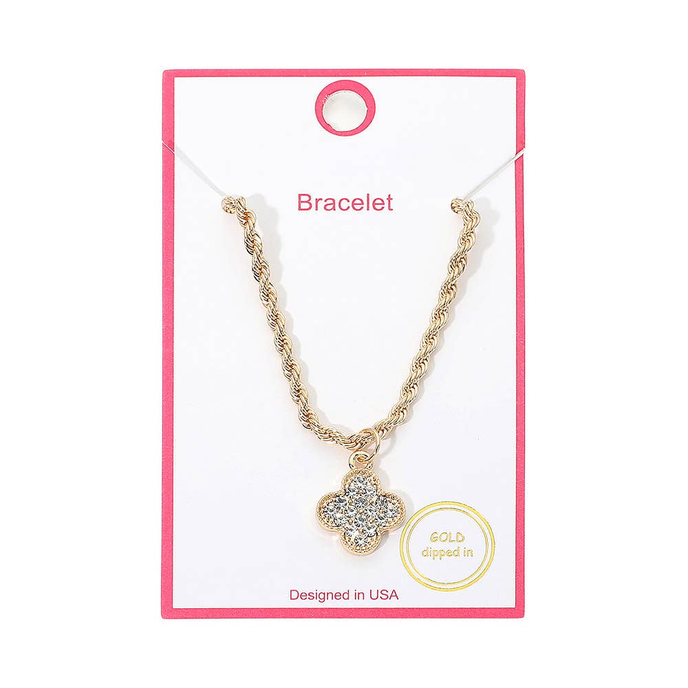 Gold Dipped Rhinestone Pave Quatrefoil Charm Twisted Chain Bracelet: Clear,Gold