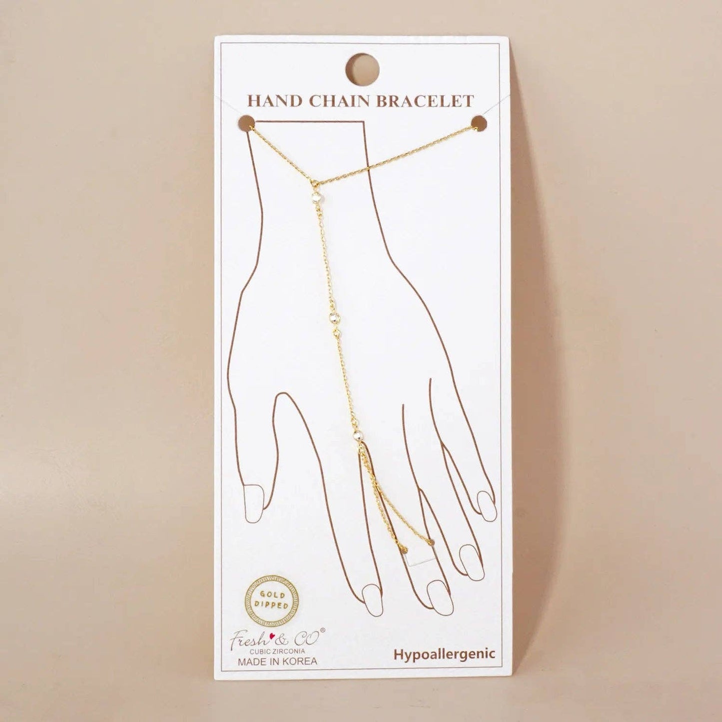 Three Round CZ Accent 18K-Gold-Dipped Delicate Brass Hand-Chain Bracelet: Gold