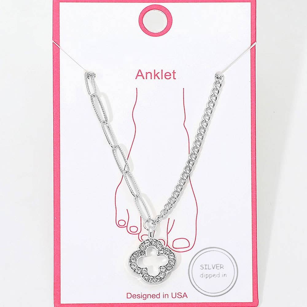 Gold Dipped Rhinestone Pave Open Quatrefoil Charm Accent Anklet: Gold