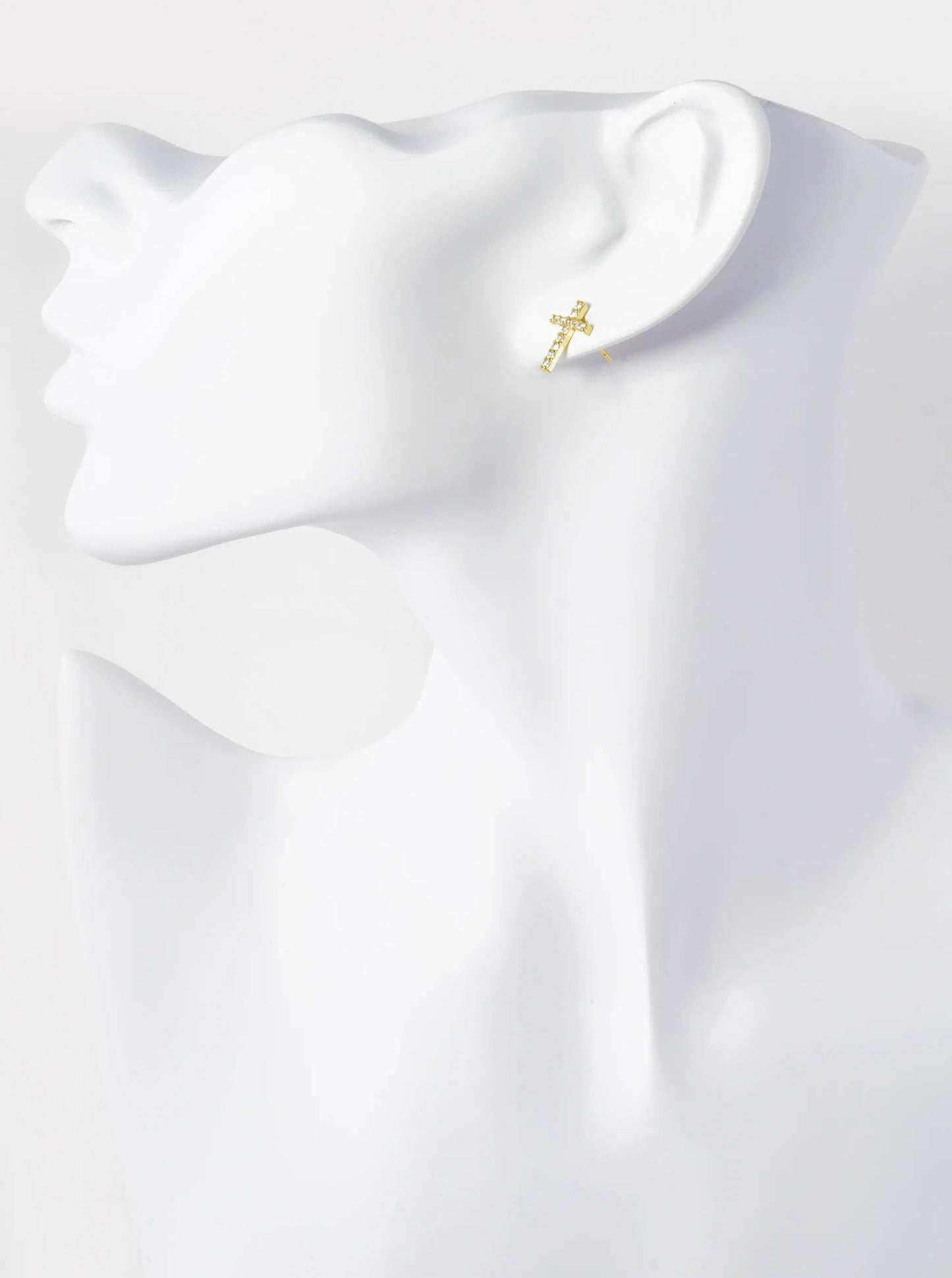 18K Gold Dipped Cubic Zirconia Pave Cross Stud Earrings: Rhodium