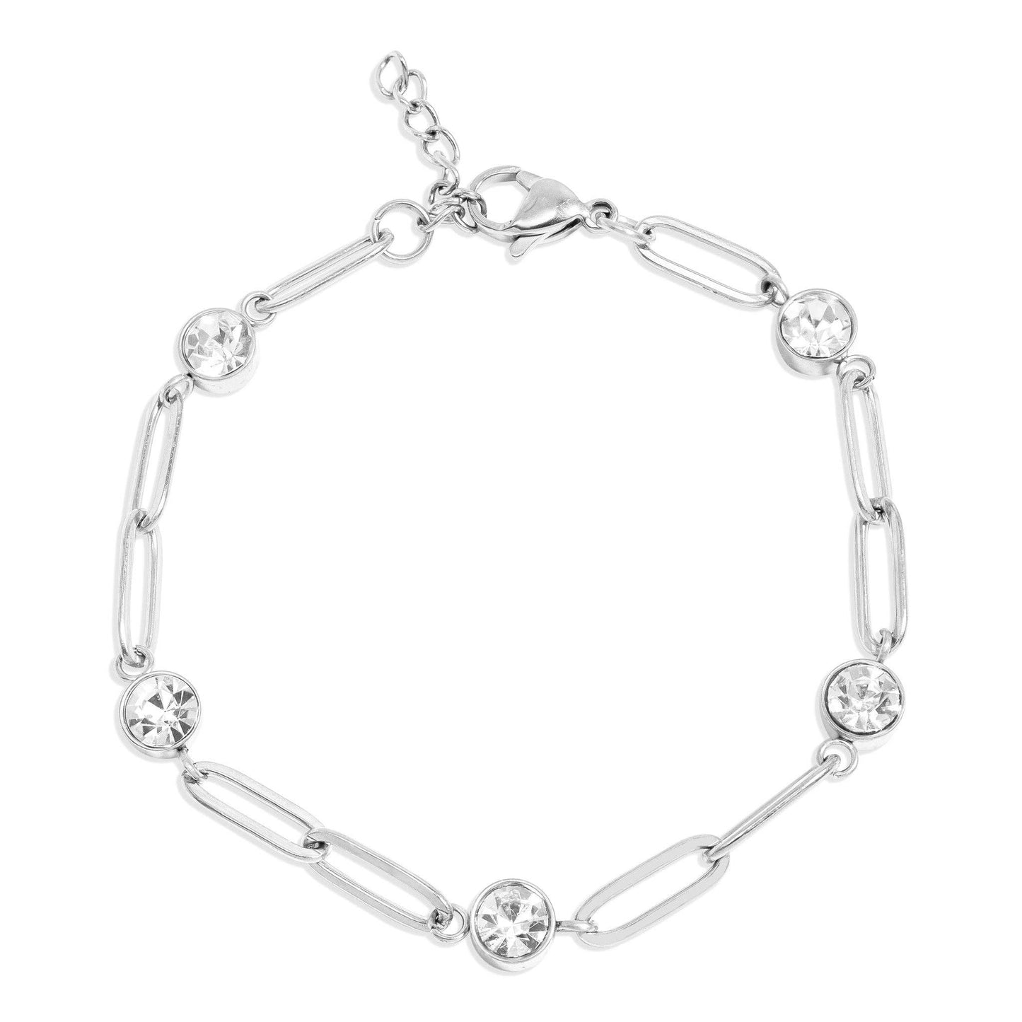 18K Gold PVD Station Stone Stone Paperclip Chain Bracelet: Stainless