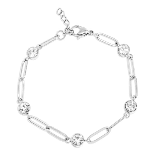 18K Gold PVD Station Stone Stone Paperclip Chain Bracelet: Stainless