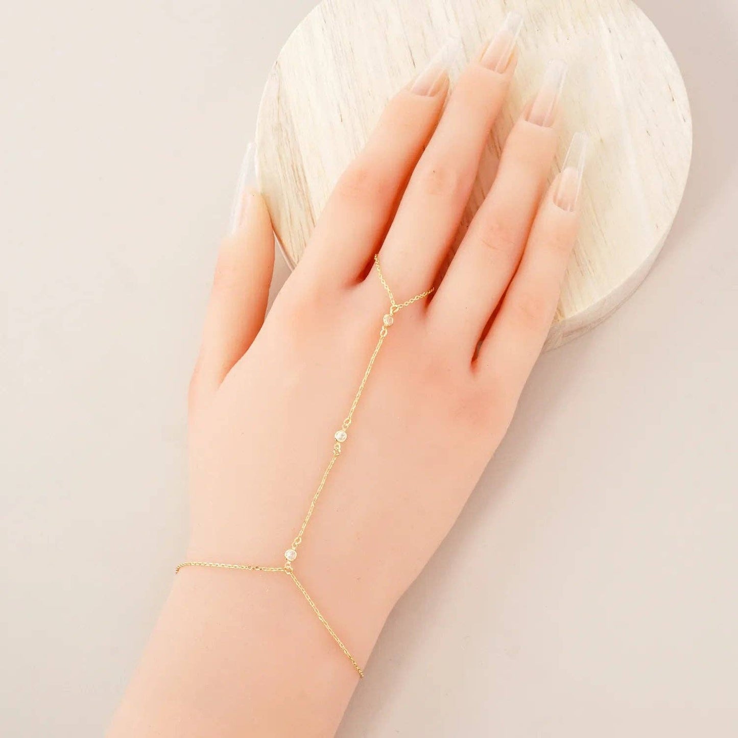 Three Round CZ Accent 18K-Gold-Dipped Delicate Brass Hand-Chain Bracelet: Gold
