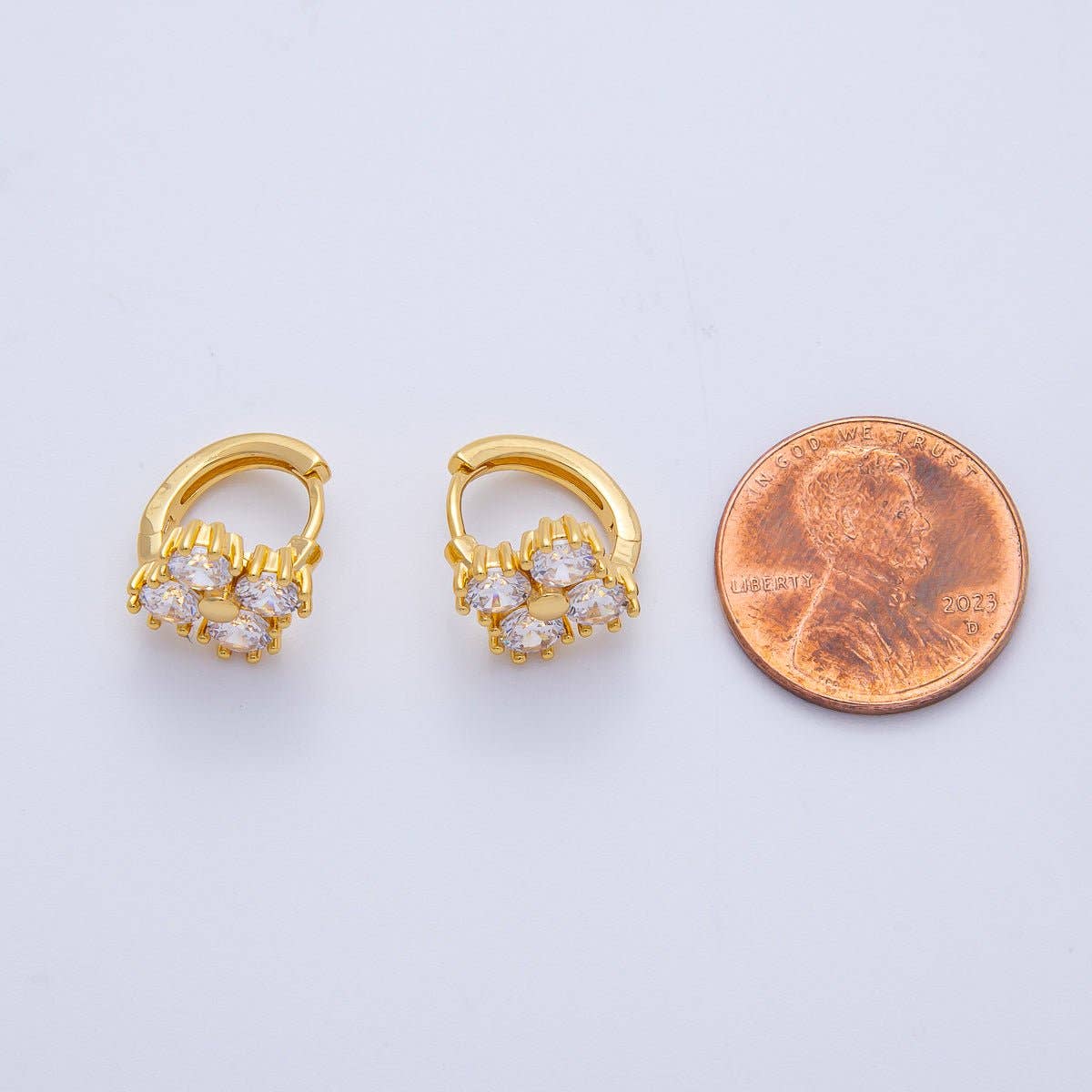 18K Gold Filled 12mm Clear CZ Clover Huggie Earrings | Earrings-00053