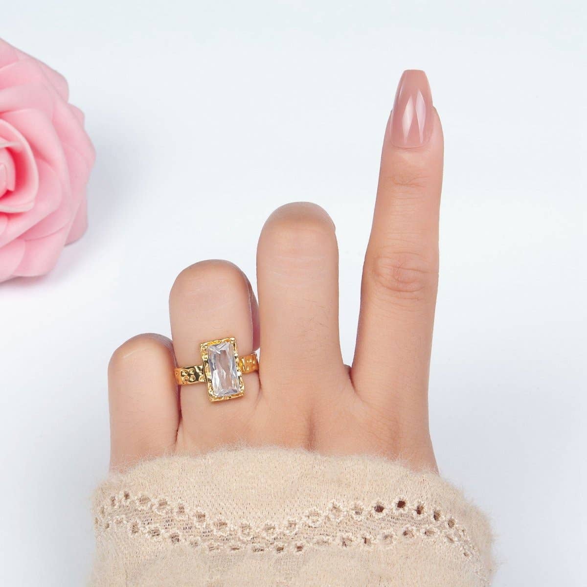 24K Gold Filled Clear CZ Baguette Hammered Wrap Band Ring | U320