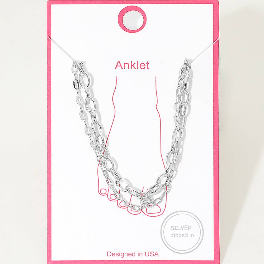 Gold Dipped Oval Link Chain Layered Anklet: Gold