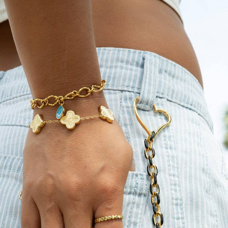 18K Gold PVD Stainless Steel Lucky Clover Charm Bracelet: Blue / Gold
