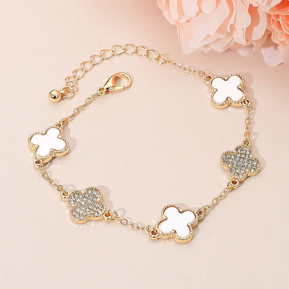 Gold Dipped Quatrefoil Charm Link Station Bracelet: Black,Gold