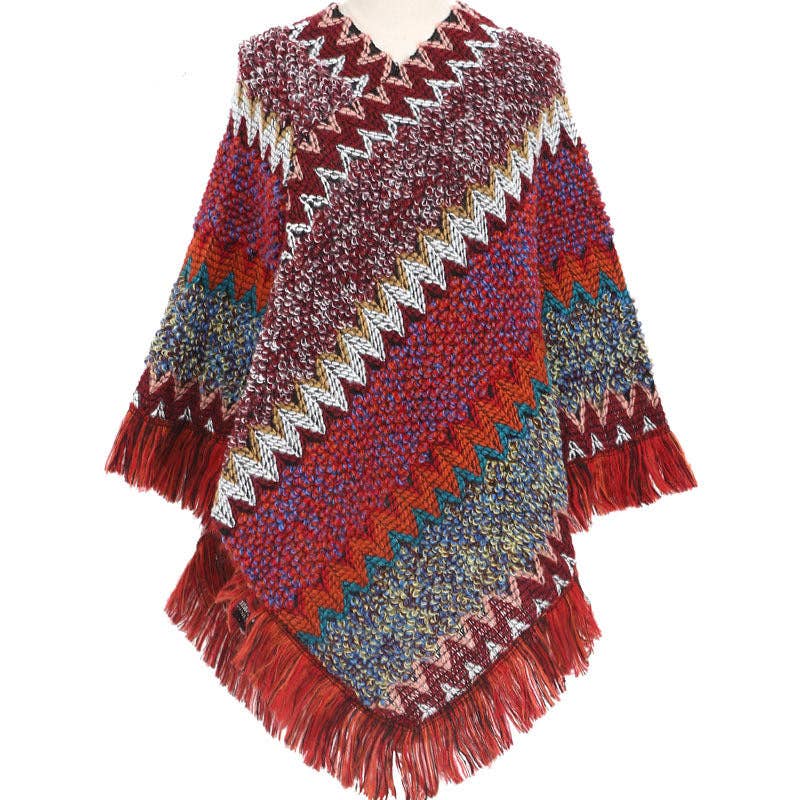 Knitted Tassel Shawl S0097: Rose Red