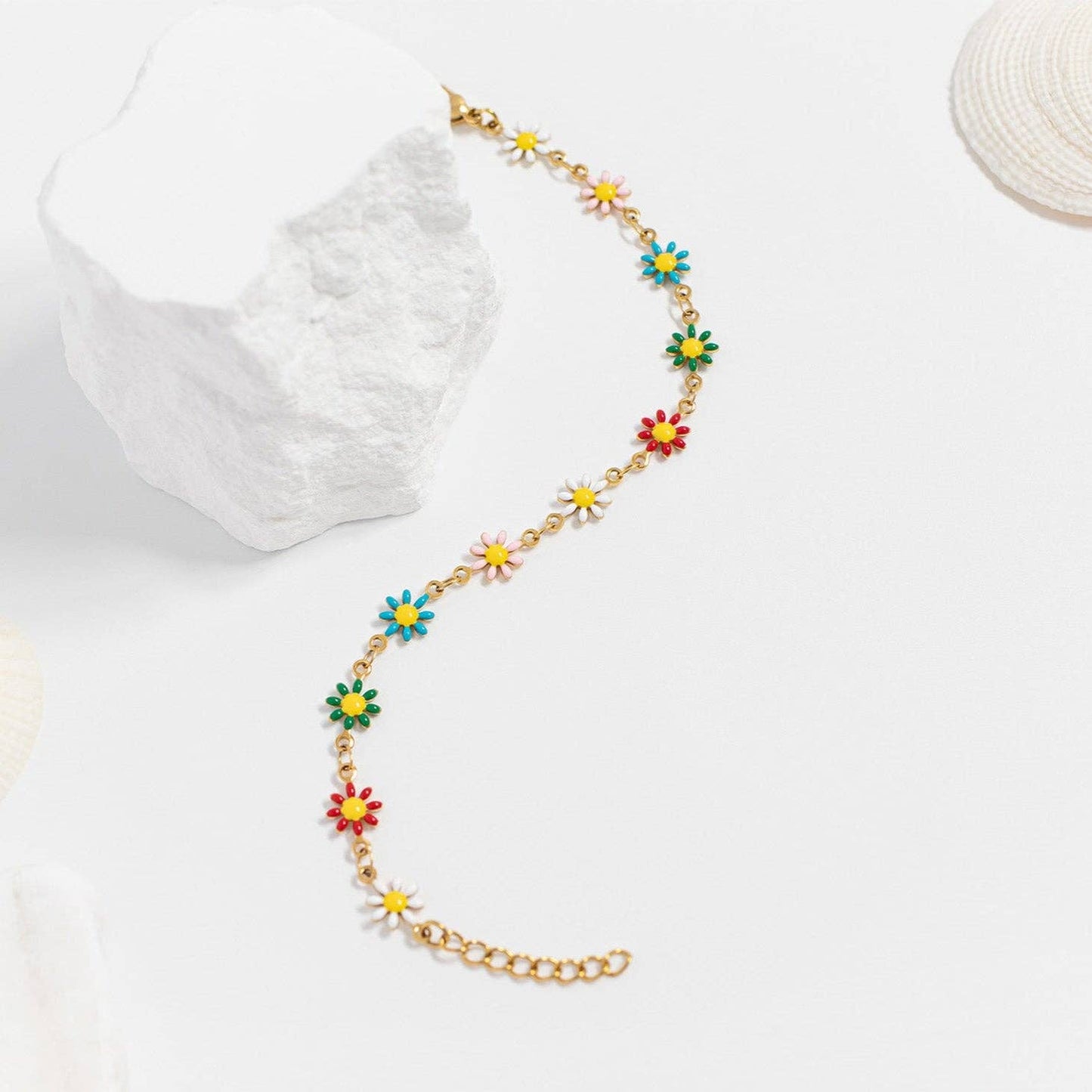 18K Gold PVD Multi Colored Floral Chain Bracelet: Stainless