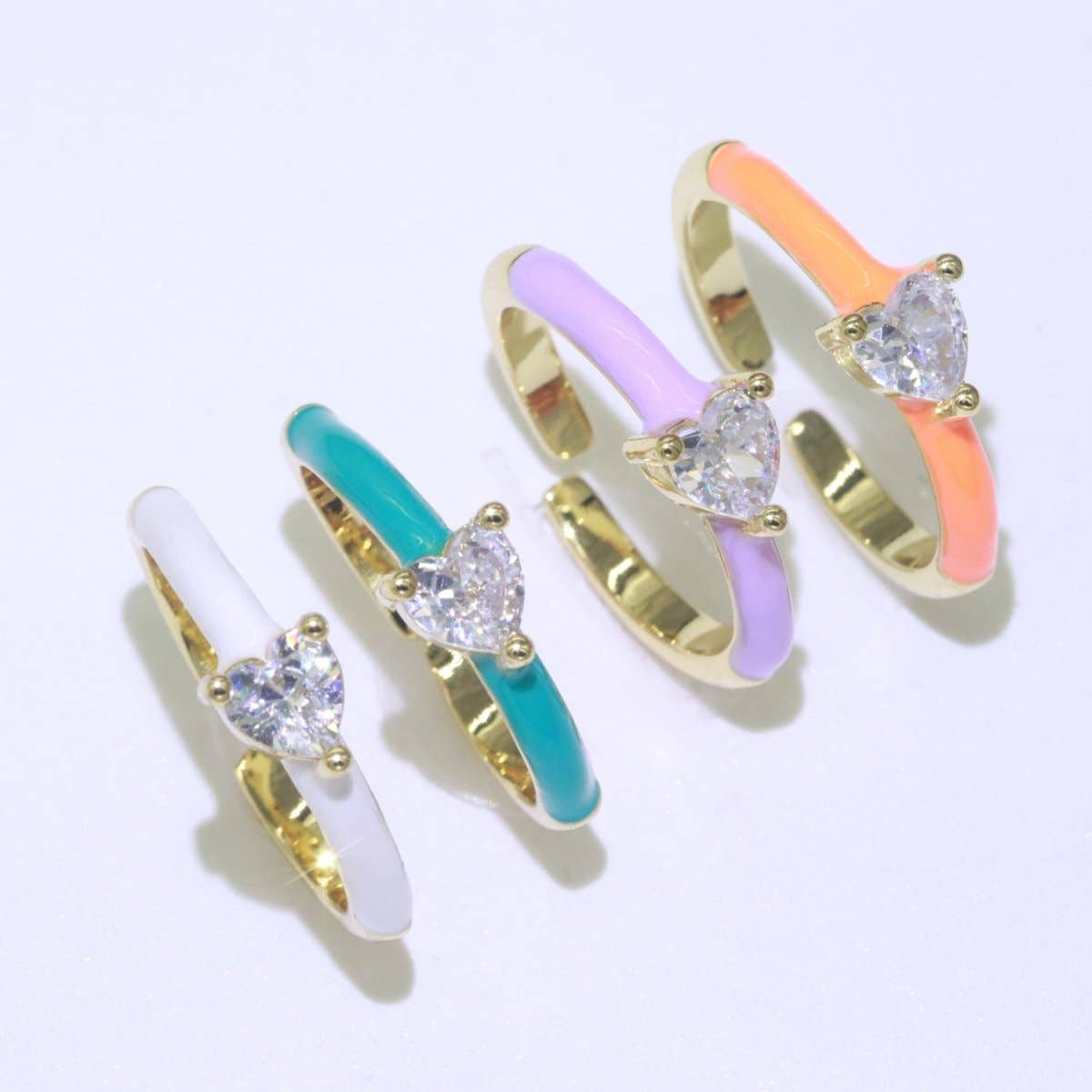 Heart Cz Ring Adjustable Gold Ring, Colorful Pastel Enamel Ring, Stackable Ring Black White Pink blue Green Ring for Women O-910~O-919: White