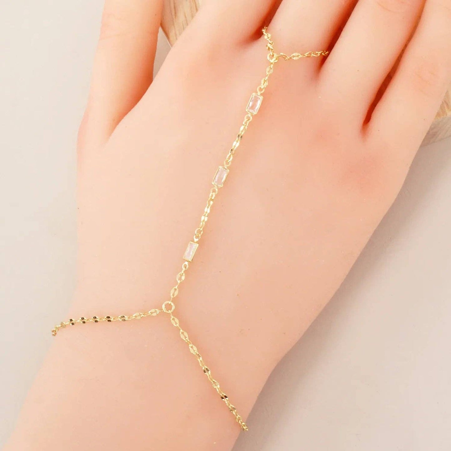 Three Rectangle CZ Accent 18K-Gold-Dipped Delicate Brass Hand-Chain Bracelet: Gold