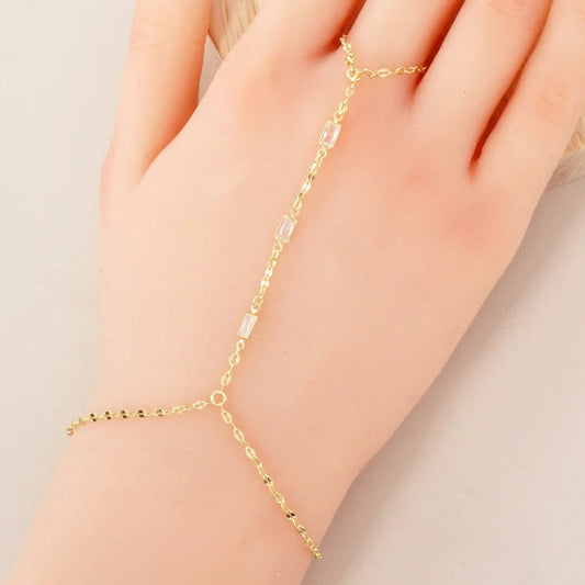 Three Rectangle CZ Accent 18K-Gold-Dipped Delicate Brass Hand-Chain Bracelet: Gold