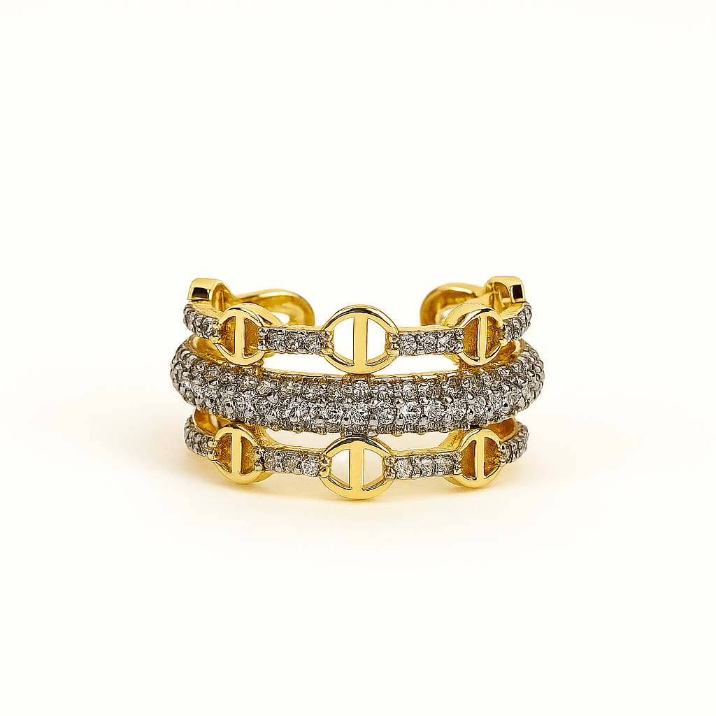 Triple Band Adjustable Ring – Gold & CZ Link Design