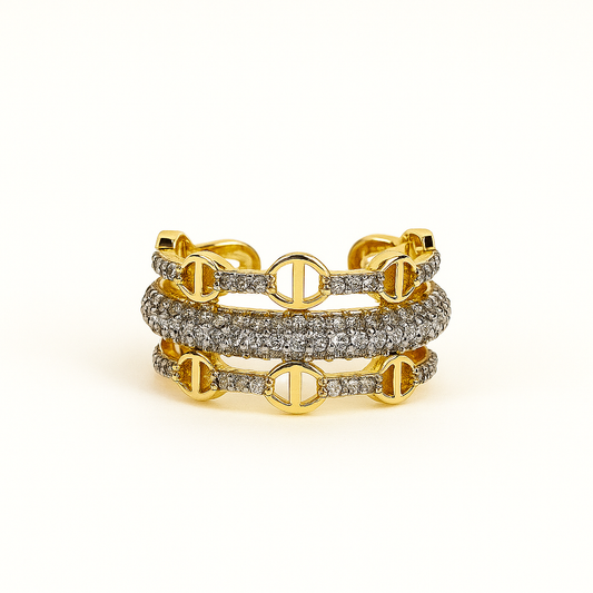 Triple Band Adjustable Ring – Gold & CZ Link Design