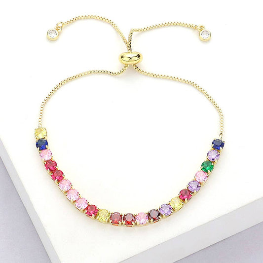 Stainless Steel Round CZ Tennis Chain Pull Tie Bracelet: Multi