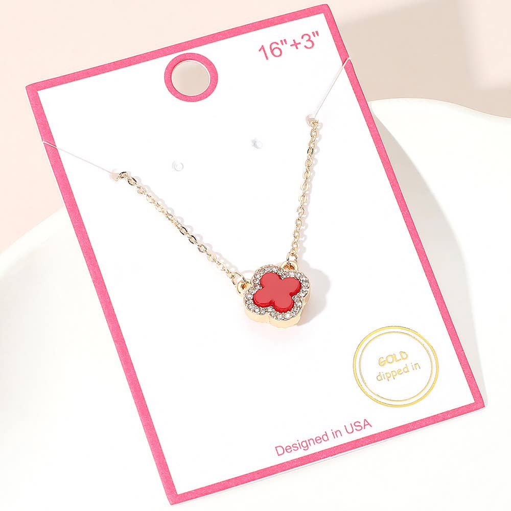 Gold Dipped Rhinestone Trim Quatrefoil Pendant Necklace: Rhodium,White