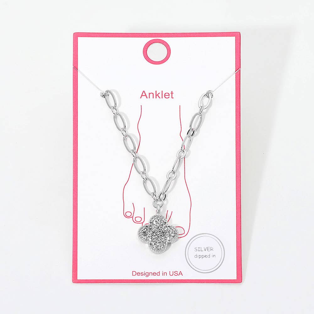 Gold Dipped Stone Pave Quatrefoil Charm Textured Paperclip Chain Anklet: Clear,Gold