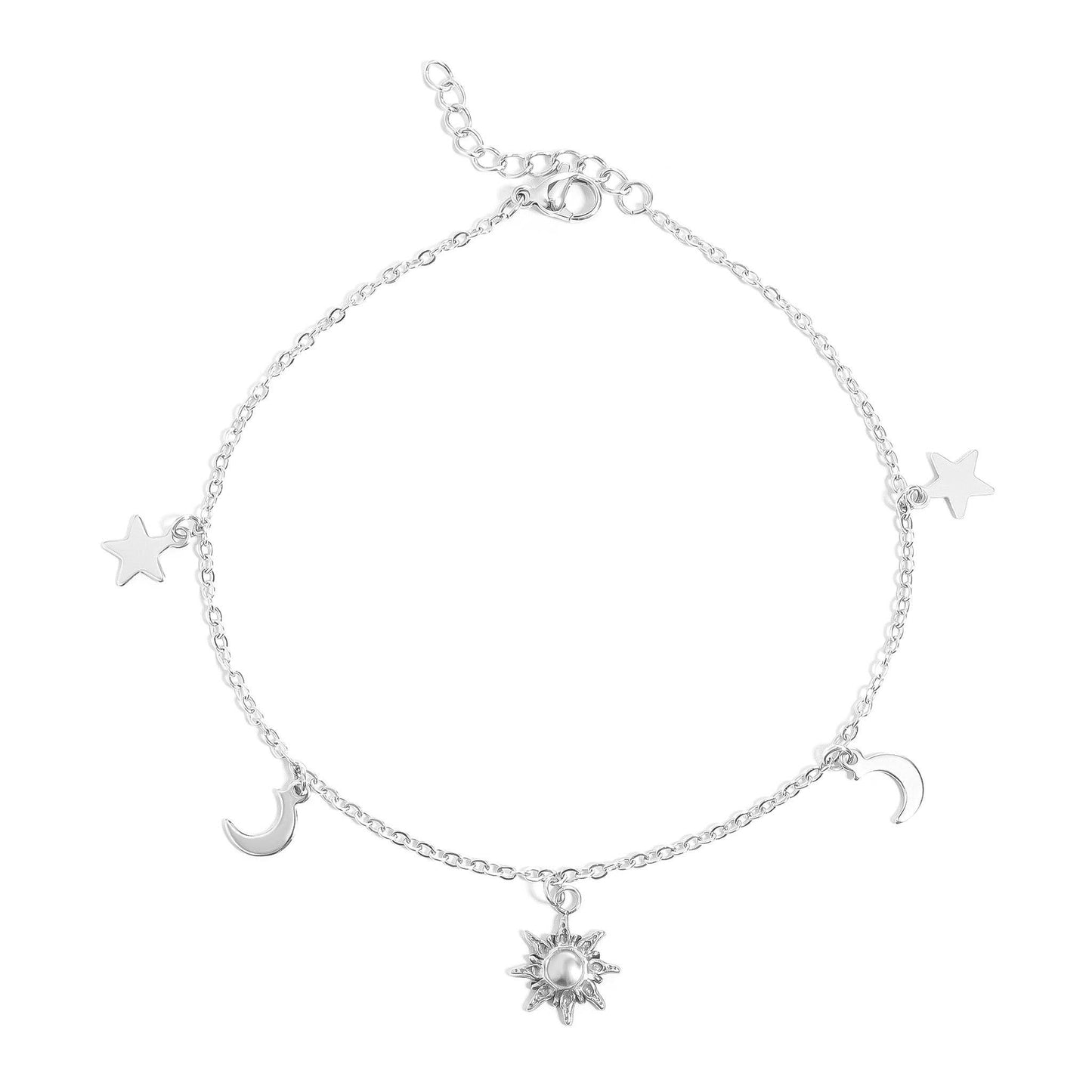 18K Gold PVD Stainless Steel Moon & Star Charm Anklet: Stainless