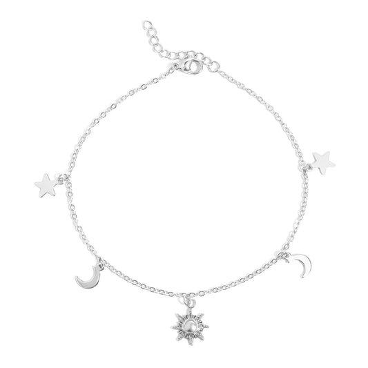 18K Gold PVD Stainless Steel Moon & Star Charm Anklet: Stainless