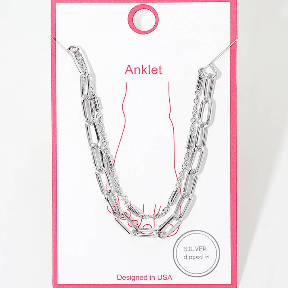 Gold Dipped Bar Paperclip Layered Chain Anklet: Gold