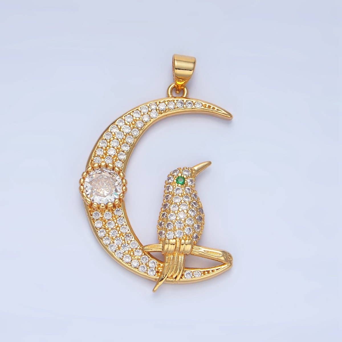 24K Gold Filled Bird Celestial Crescent Moon Micro Paved CZ Pendant | AA786