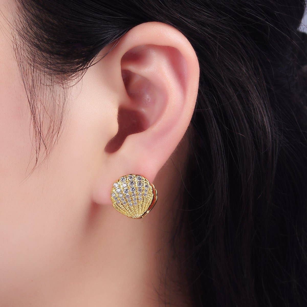 14K Gold Filled Micro Paved CZ Scallop Clam Sea Shell Huggie Earrings | AB1132