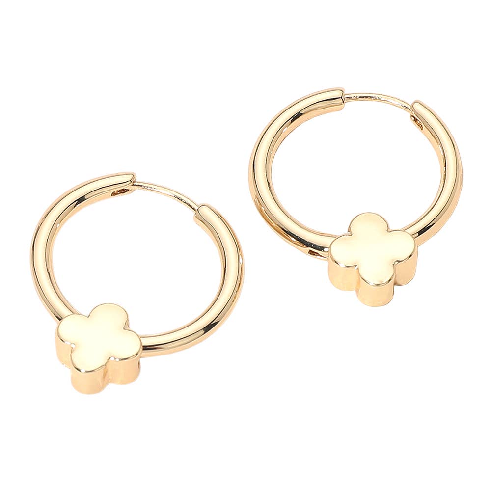 Gold Dipped Quatrefoil Accent Huggie Hoop Earrings: Gold