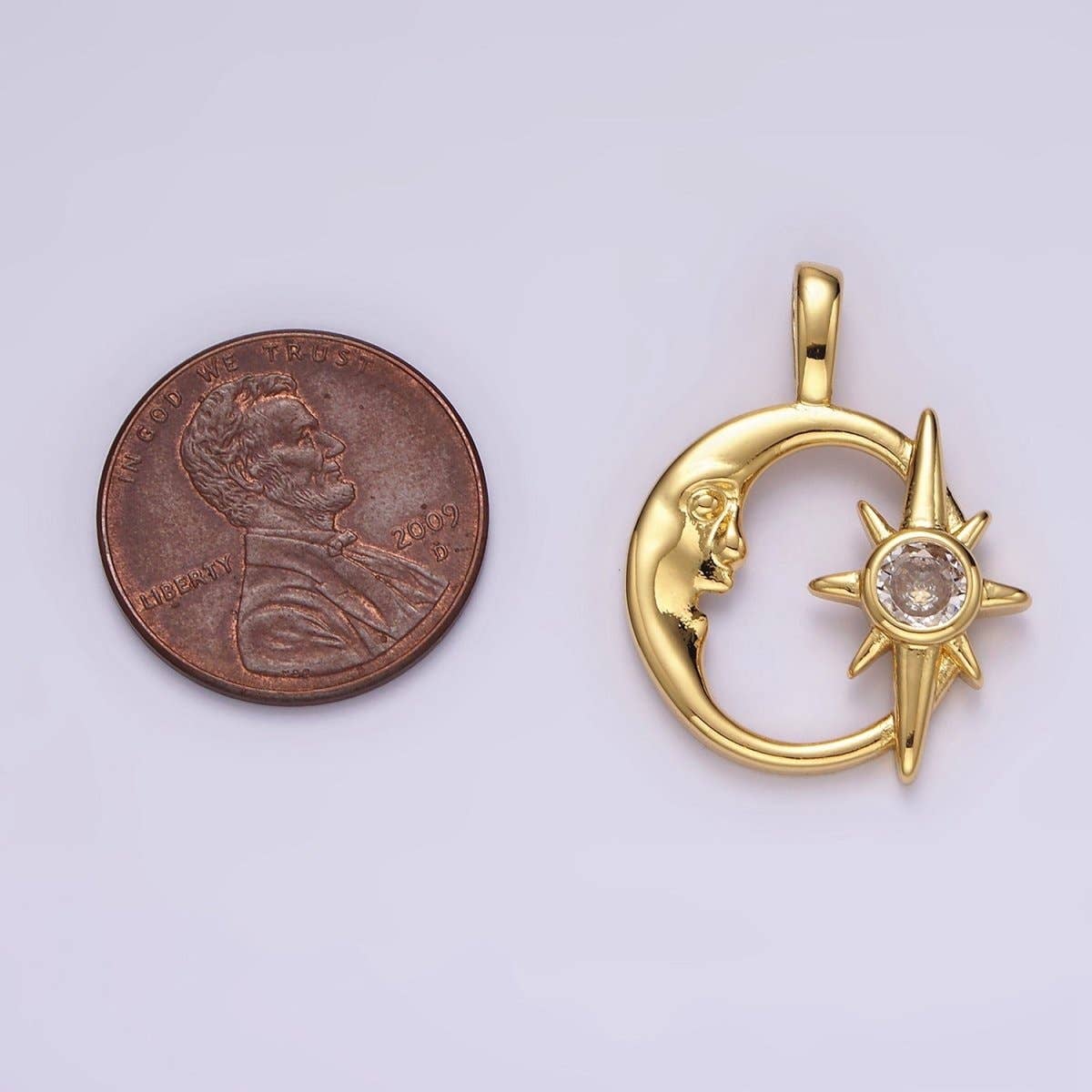 14K Gold Filled Clear CZ Celestial Star Crescent Moon Open Pendant | AA685