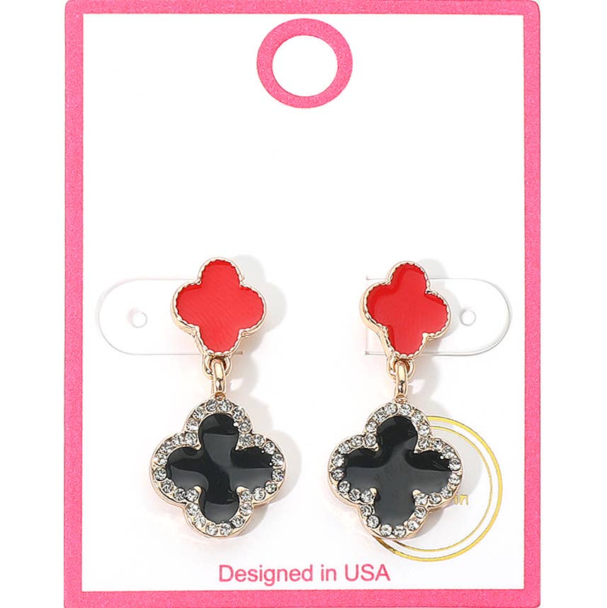 Rhinestone Accented Quatrefoil Drop Earrings: Gold Black Red