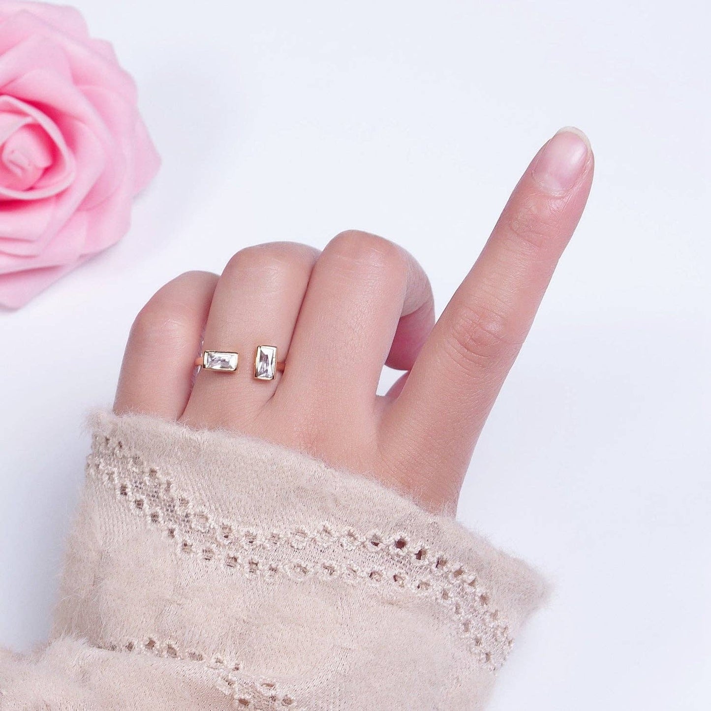 Minimalist Gold Baguette Cubic Zirconia Adjustable Ring X-60