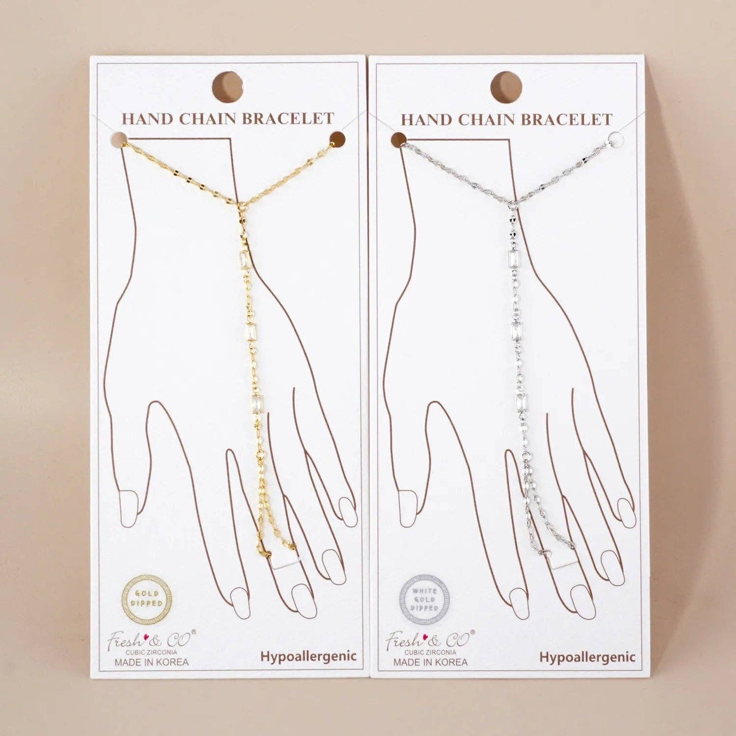 Three Rectangle CZ Accent 18K-Gold-Dipped Delicate Brass Hand-Chain Bracelet: Gold