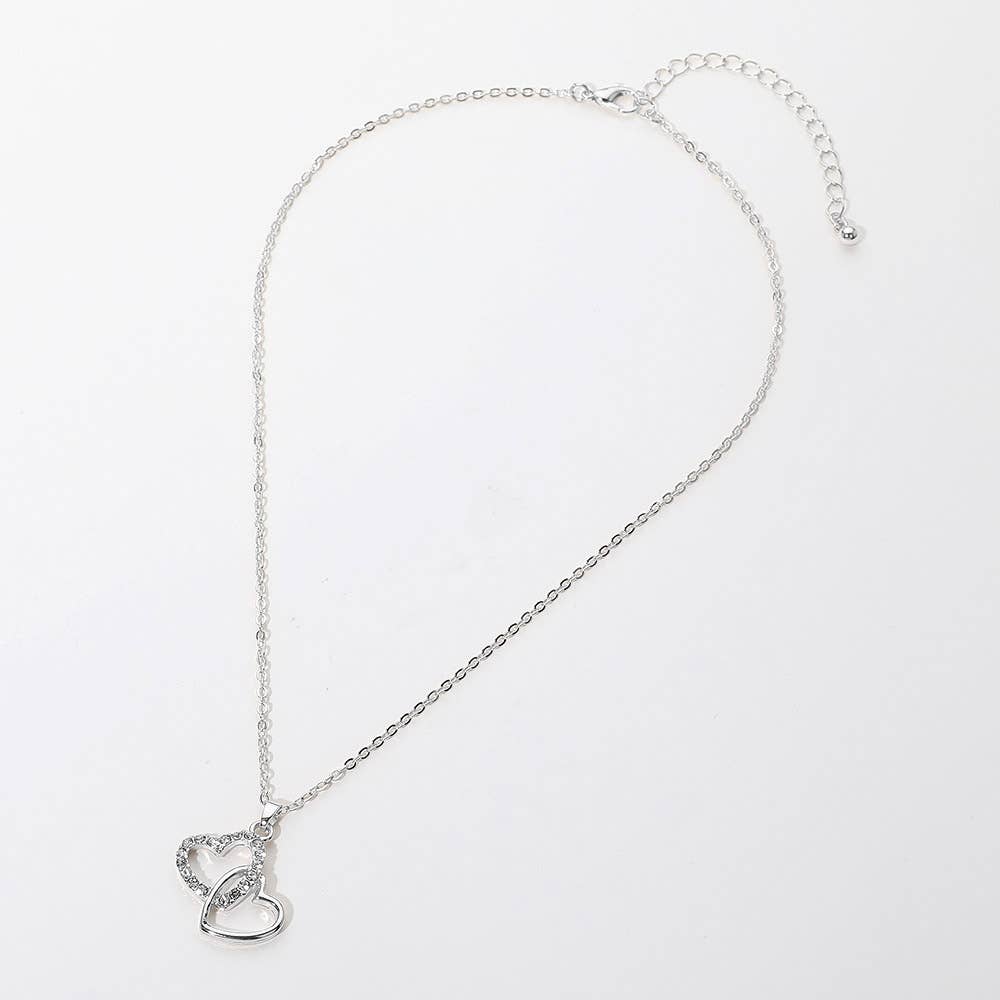 Gold Dipped Rhinestone Paved Layered Double Heart Pendant Necklace: Clear,Gold