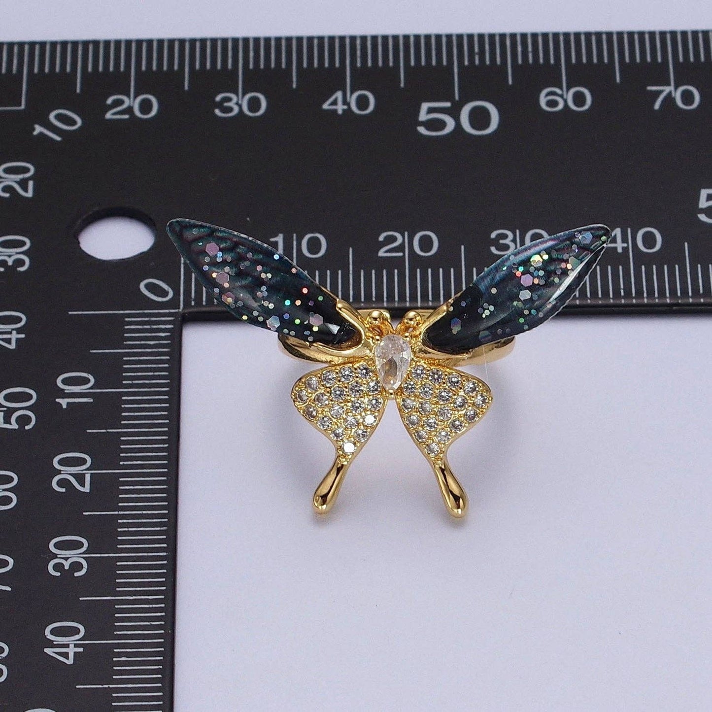 Fuchsia, Blue Micro Paved Butterfly Wings Teardrop Insect Gold Rings | Y400 Y401: Blue