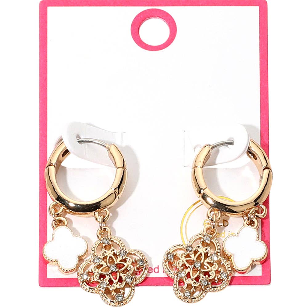 Gold Dipped Quatrefoil Huggie Hoop Earrings: Gold,Red
