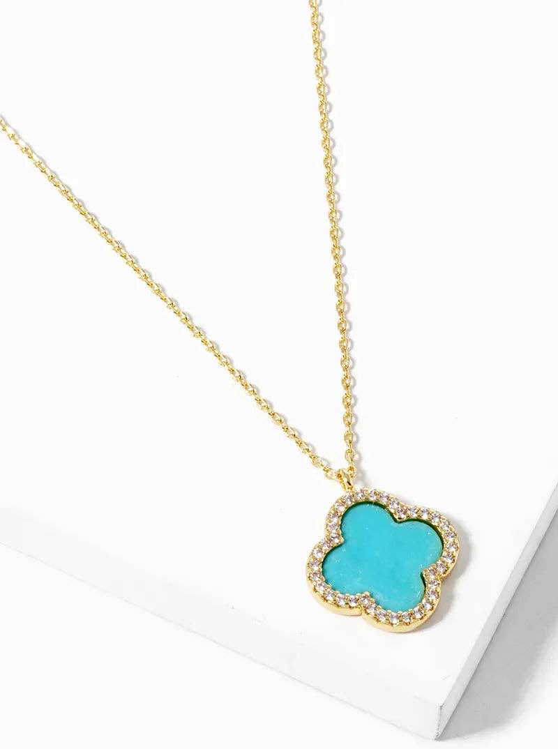 White Gold Dipped CZ Pave 15mm Quatrefoil Pendant Necklace: Gold-Pink
