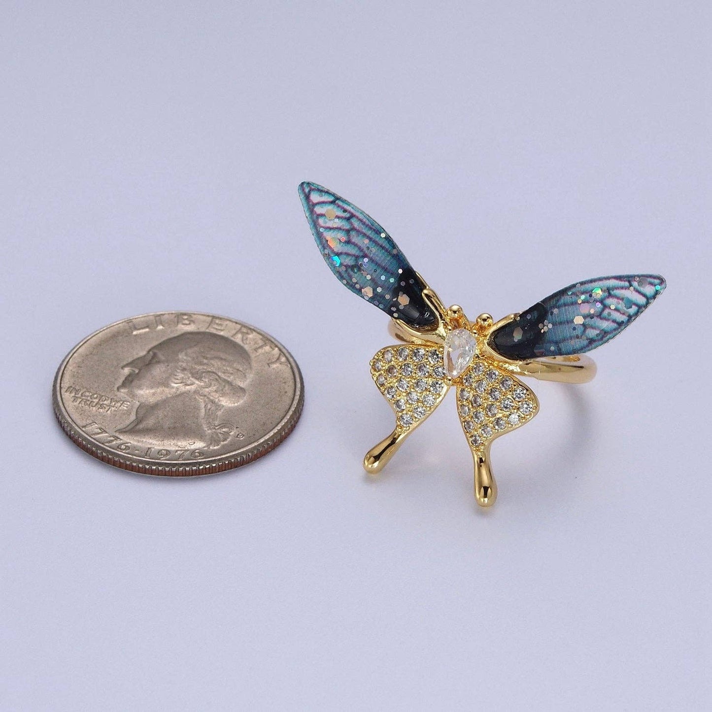 Fuchsia, Blue Micro Paved Butterfly Wings Teardrop Insect Gold Rings | Y400 Y401: Blue