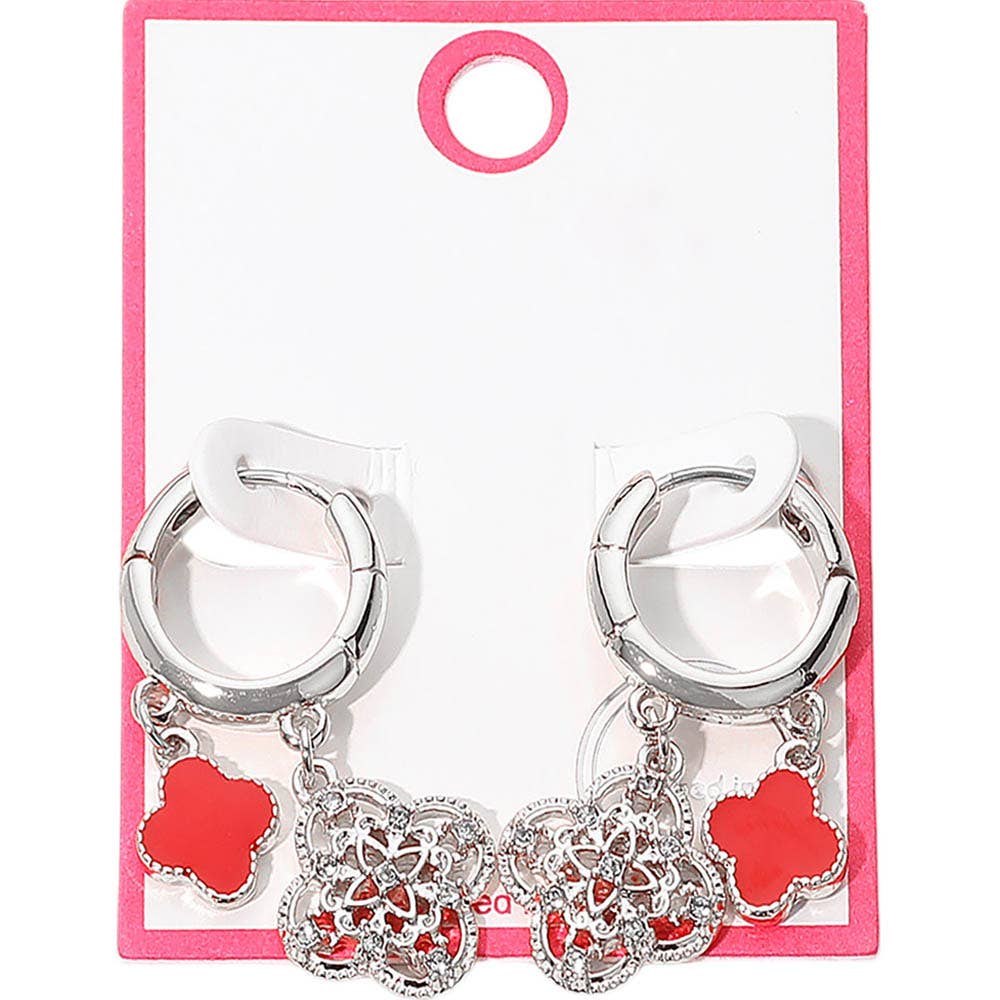 Gold Dipped Quatrefoil Huggie Hoop Earrings: Gold,Red