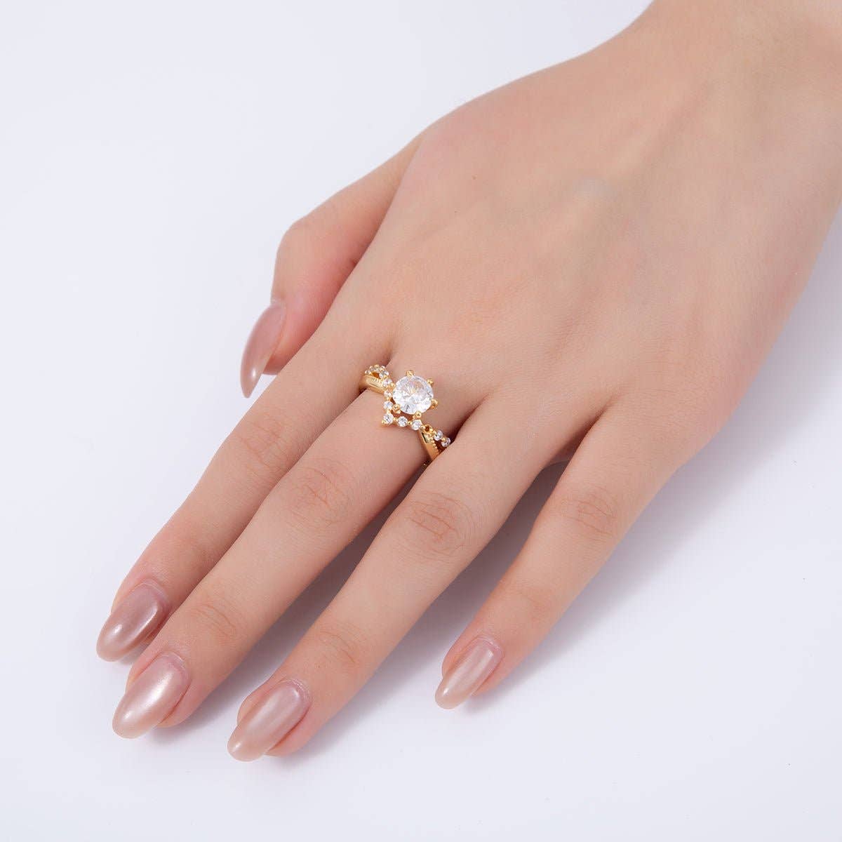 18K Gold Filled Clear CZ Micro Paved Solitaire Chevron Ring | O1742