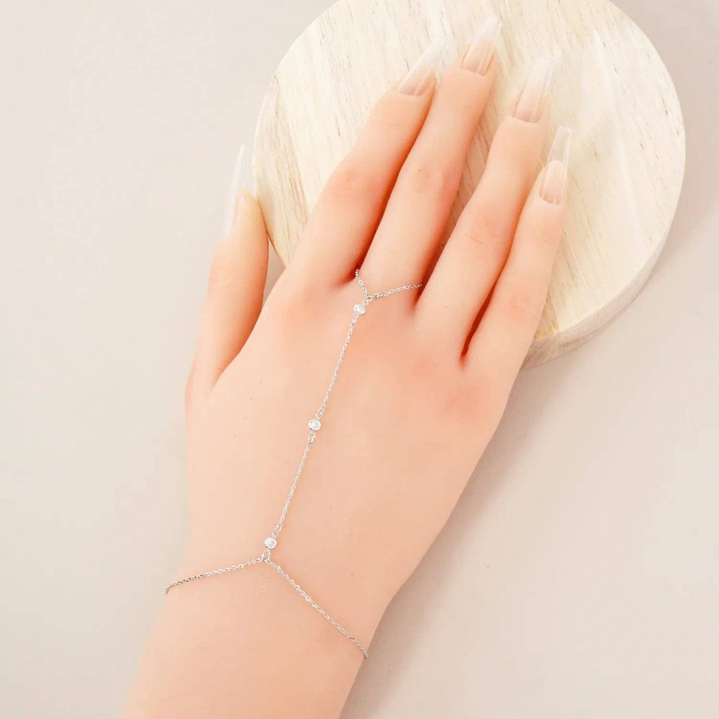 Three Round CZ Accent 18K-Gold-Dipped Delicate Brass Hand-Chain Bracelet: Gold